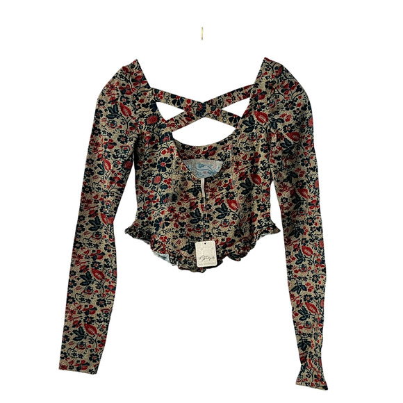 FREE PEOPLE TOP WOMENS XSMALL MELANIE FLORAL LONG SLEEVE STRETCH SHIRT SAND - Picture 5 of 12